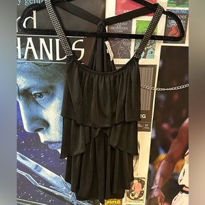 COSTA BLANCA black frilly top with matte sequin straps, size xs.